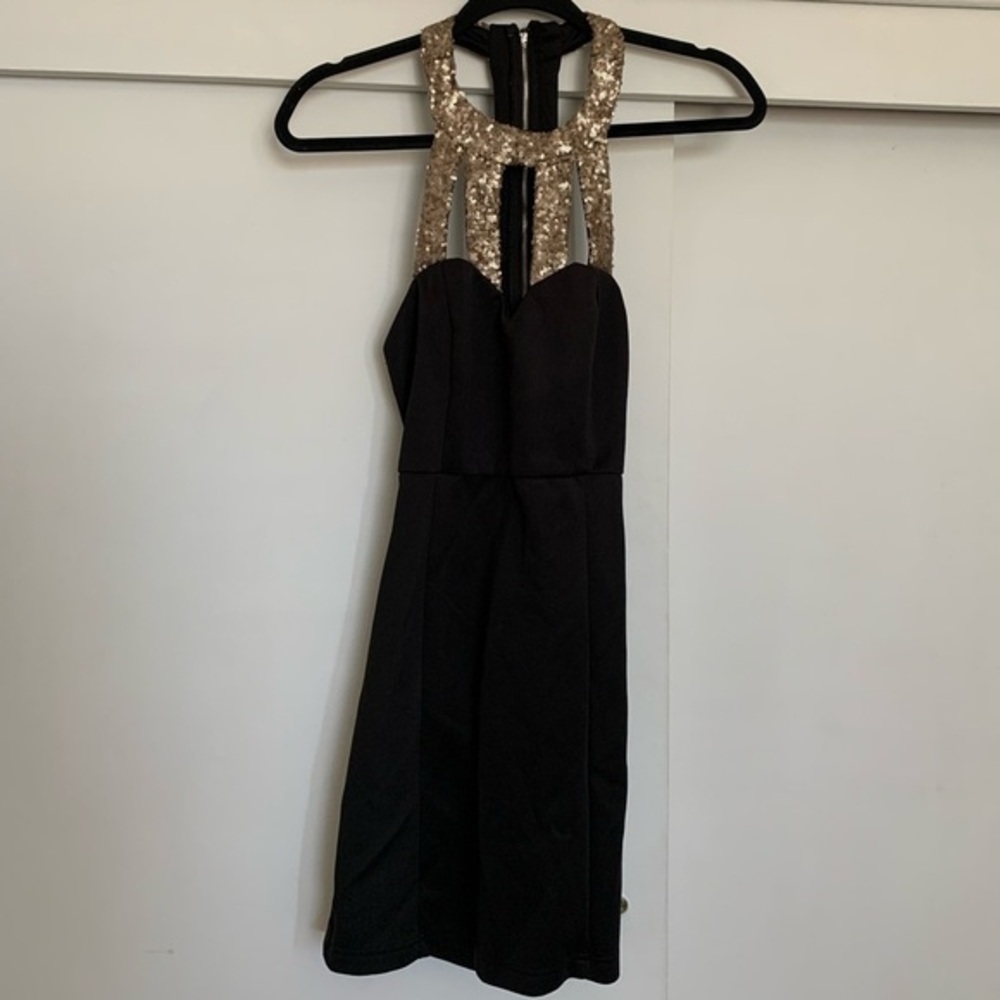 Tibi‎ Black/Gold Metallic Sequin Front Dress, Size Medium